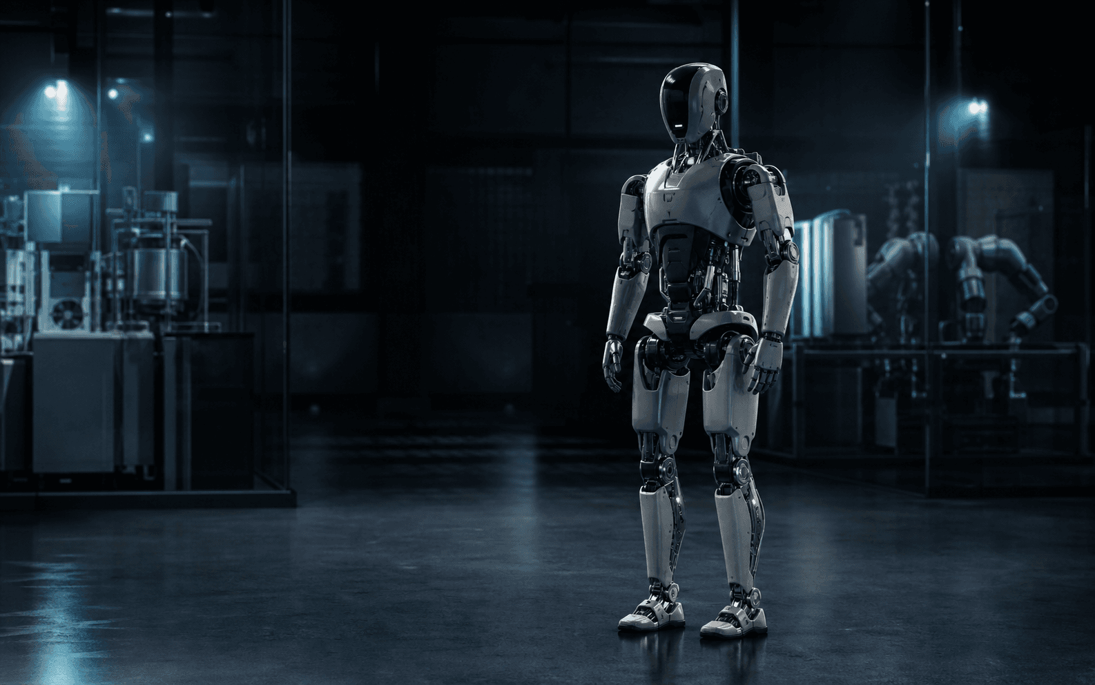 Full-scale humanoid robot standing in a dark advanced robotics laboratory